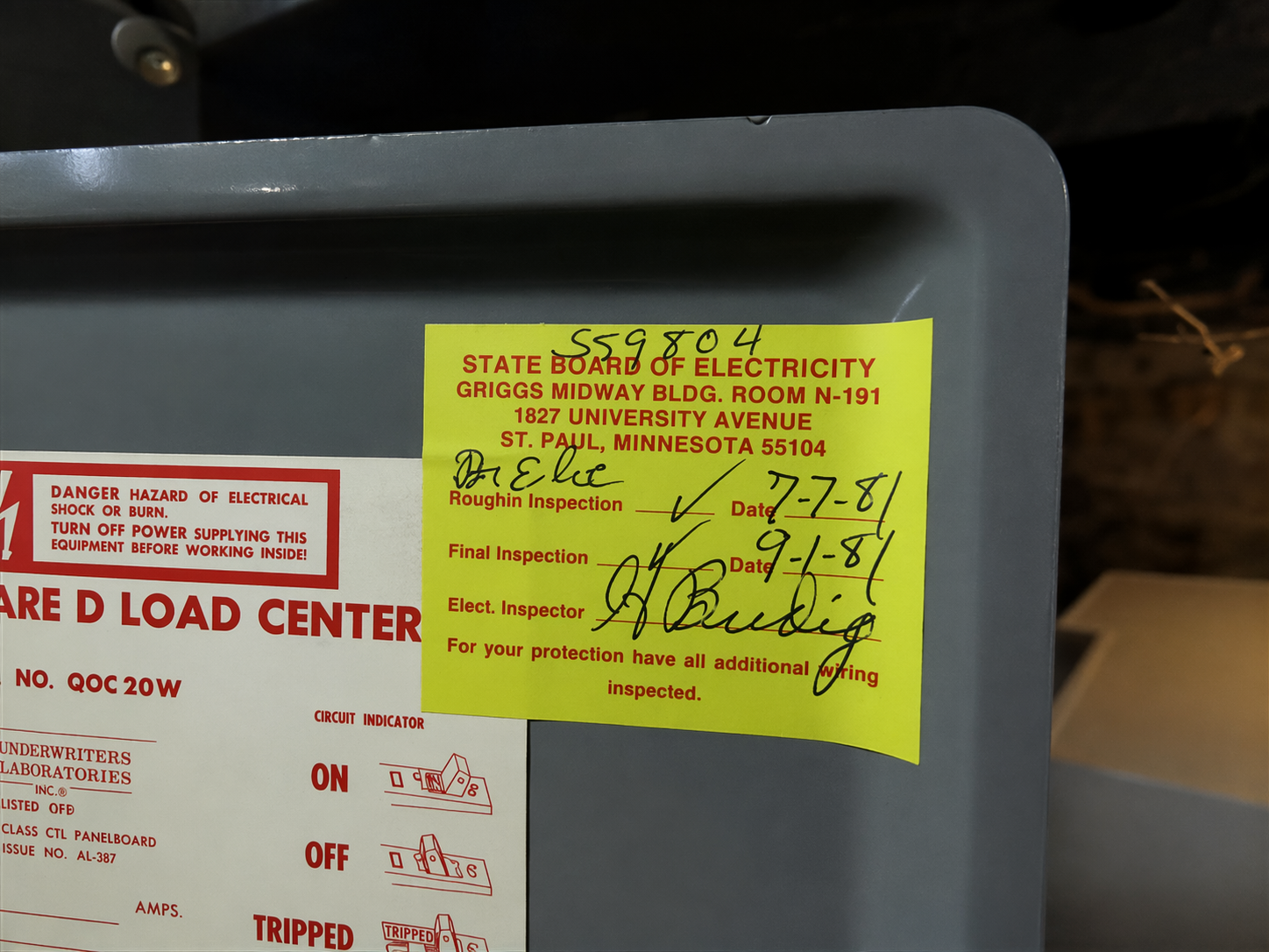 Albert Lea electrical inspection — distribution panel with state certification sticker